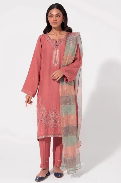 Stitched 3 Piece Raw Silk Embroidered Outfit